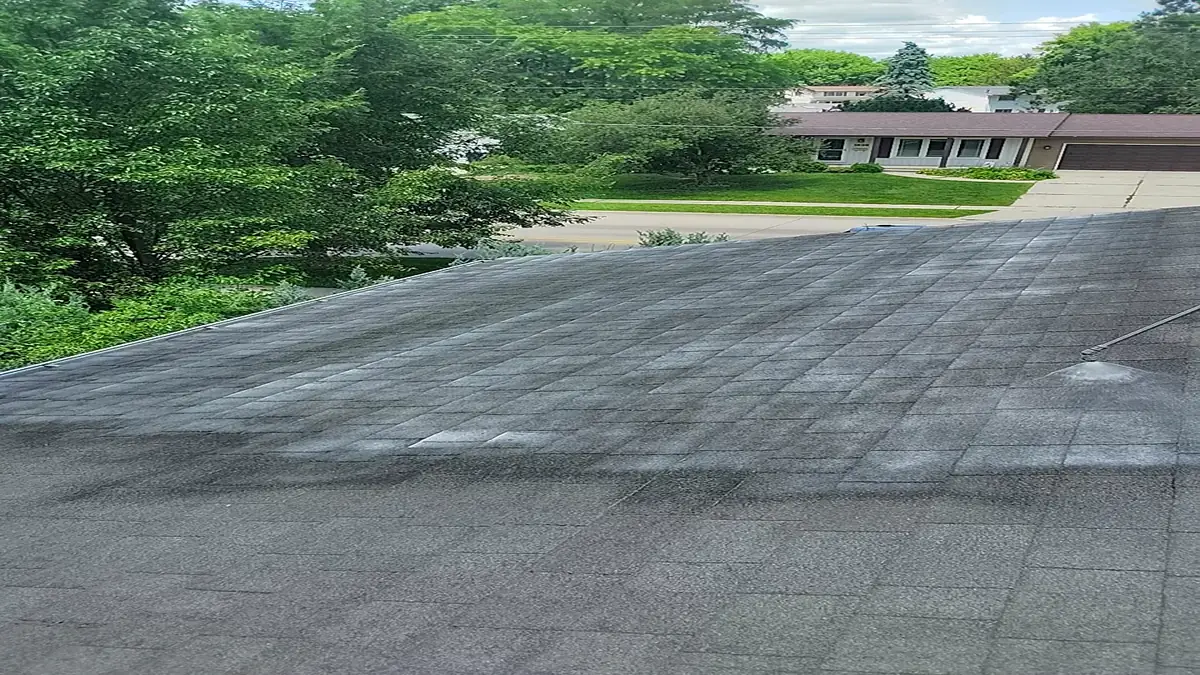 Aged asphalt shingle roof plane sweeping down toward the street, granule wear visible