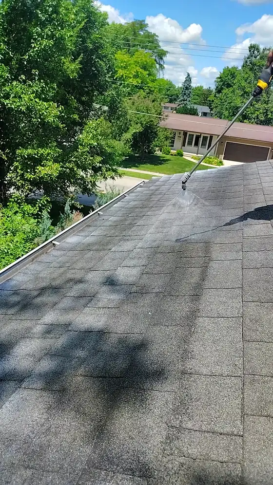 Applicator working a spray wand along an eave with the neighborhood behind