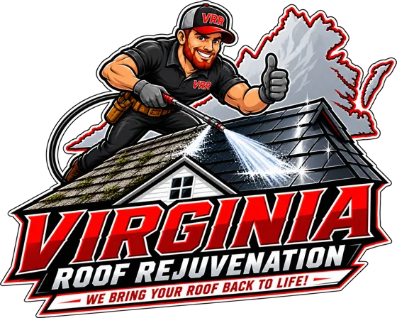 Virginia Roof Rejuvenation mascot logo: a roofer spraying treatment on shingles
